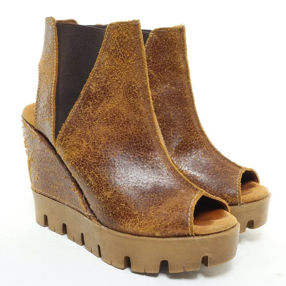 Women's Brown Wedge Peep-Toe Ankle Boot